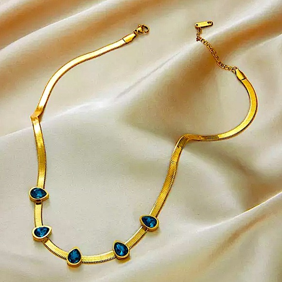 Blue Sapphire Gold Plated Zircon Herringbone Charm Flat Necklace - Picture 4 of 6